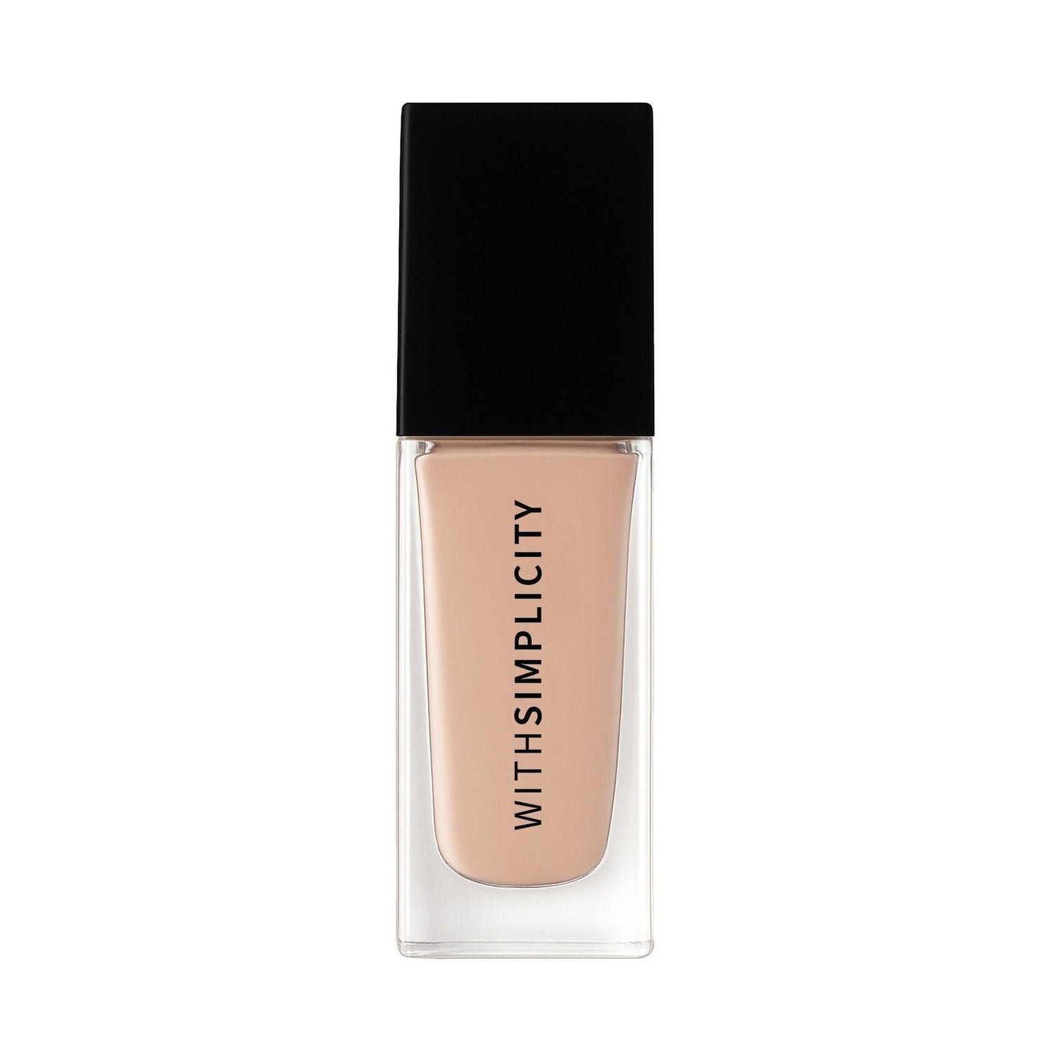 Foundation bottle with black cap and beige body on a white background