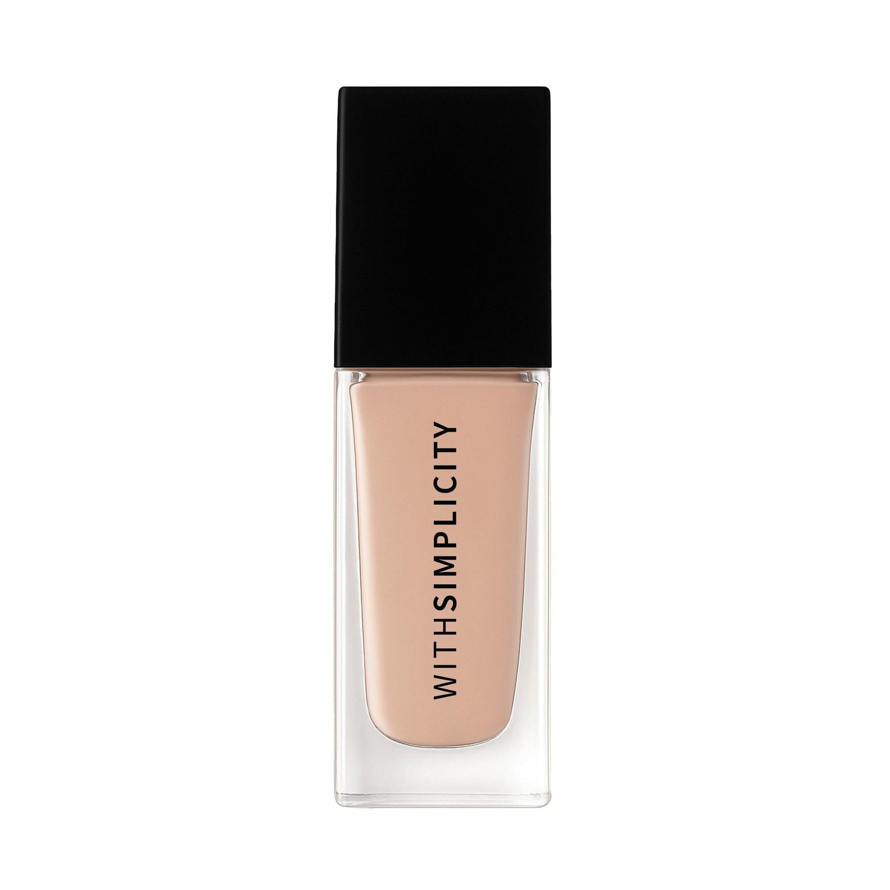 Foundation bottle with black cap and beige body on a white background