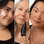 Three women of different ages and ethnicities applying skincare products with a dropper bottle of the withSimplicity Pro-Age Serum in the center.