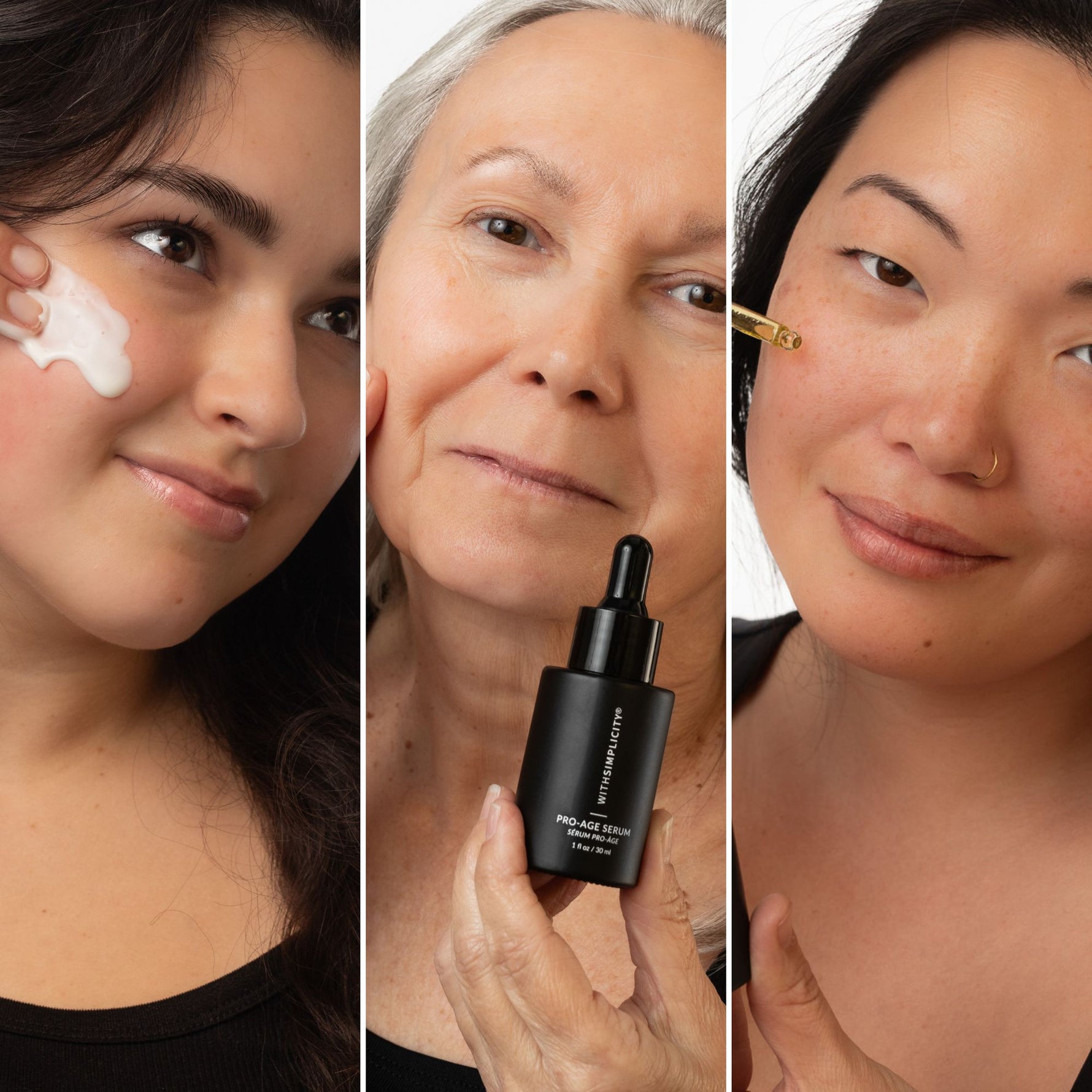 Three women of different ages and ethnicities applying skincare products with a dropper bottle of the withSimplicity Pro-Age Serum in the center.