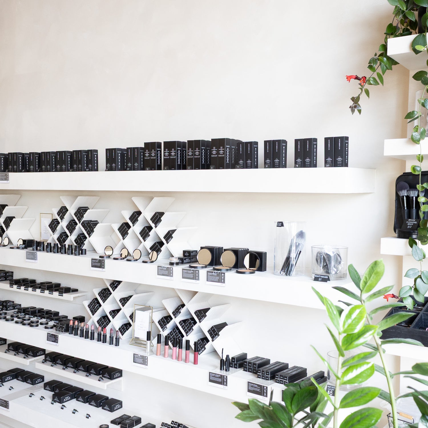 Shelves with various withSimplicity cosmetic products in a store setting with white walls and plants