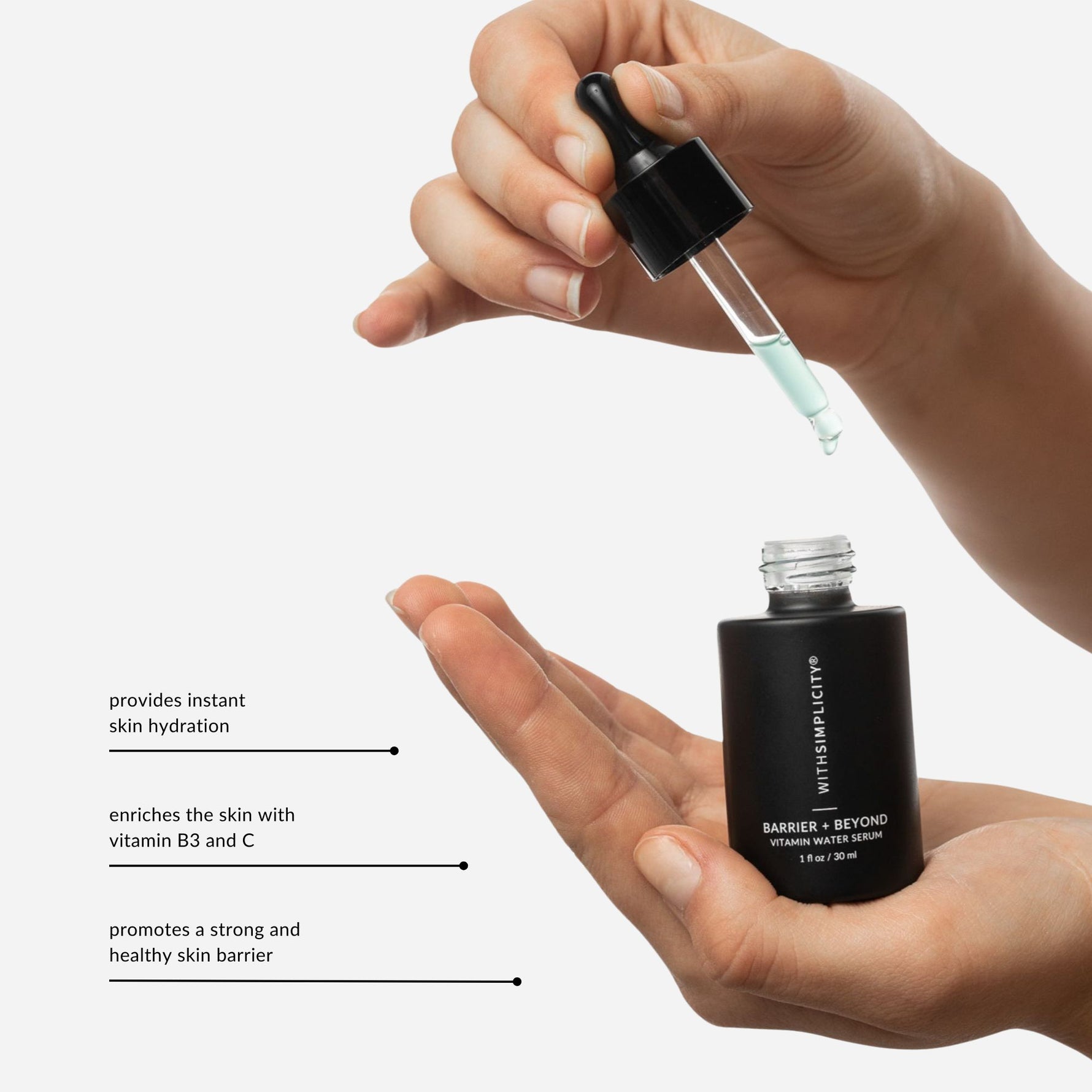 withSimplicity Barrier & Beyond Vitamin Water Serum. Key benefits include providing instant hydration, enriching the skin with vitamins B3 and C, and promoting a strong and healthy skin barrier