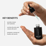 withSimplicity Barrier & Beyond Vitamin Water Serum held in hand with dropper showing product. Key benefits include providing instant hydration, enriching the skin with vitamins B3 and C, and promoting a strong and healthy skin barrier