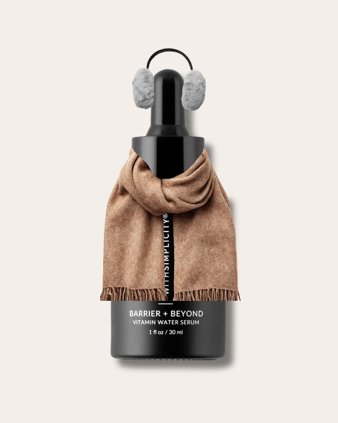 Bottle of withSimplicity Barrier & Beyond Vitamin Water Serum with scarf and ear muffs on it