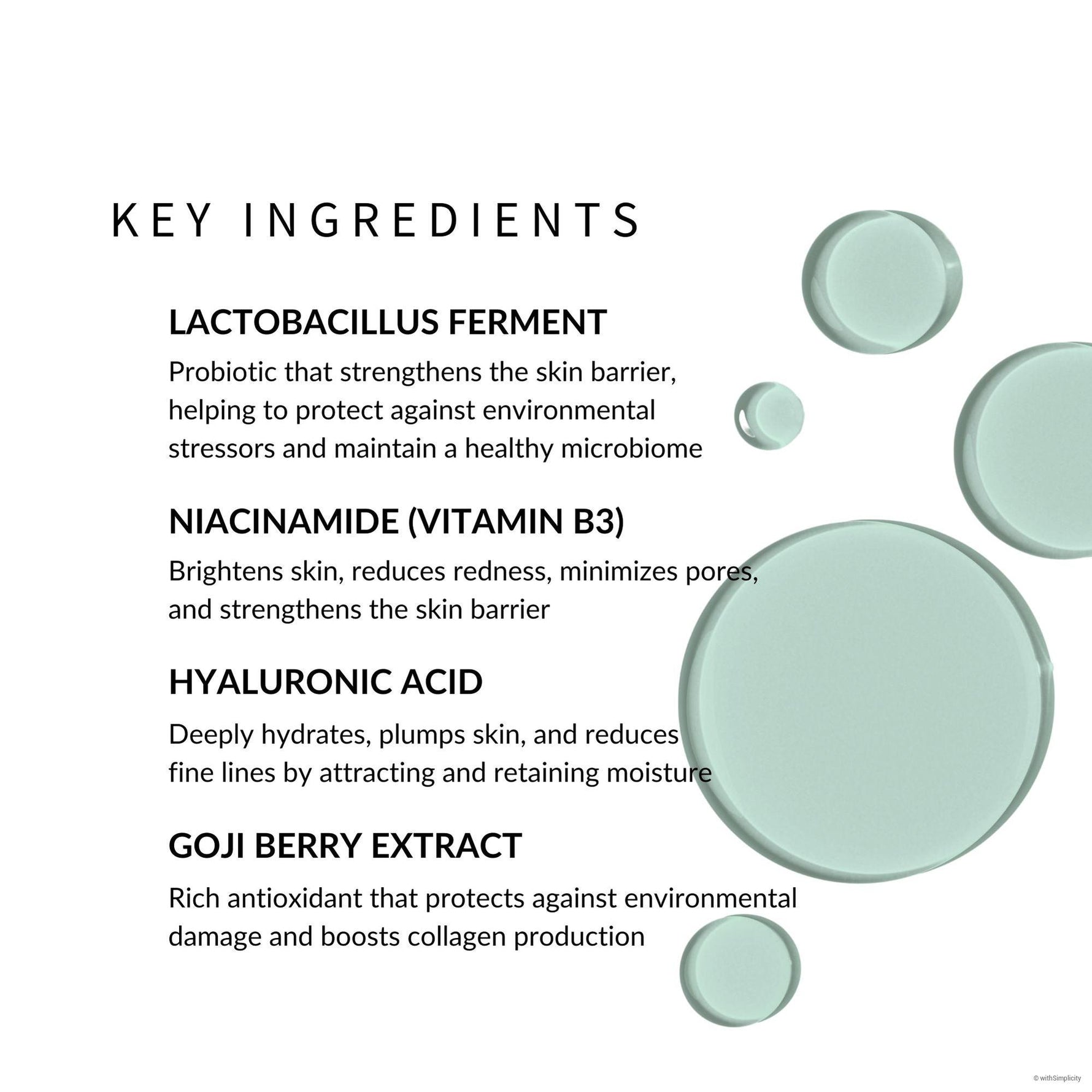 withSimplicity Barrier & Beyond Vitamin Water Serum. Key ingredients are lactobacillus ferment, niacinamide, hyaluronic acid, and goji berry extract