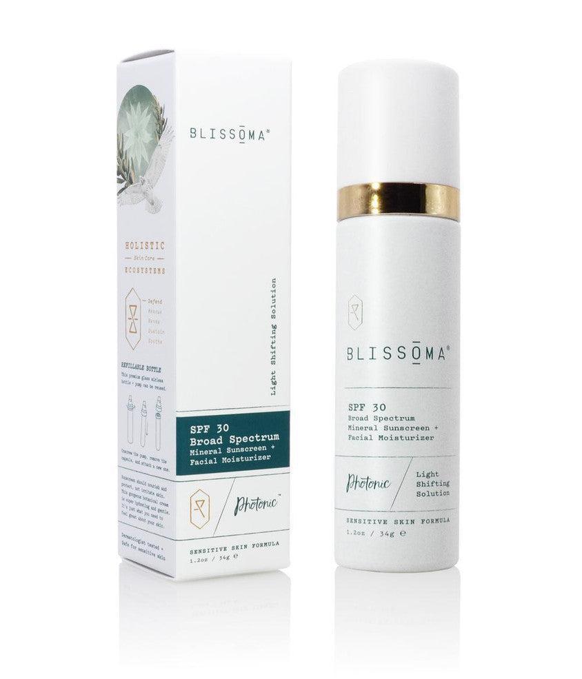 Blissoma SPF 30 broad spectrum sunscreen bottle and packaging on a white background