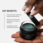 withSimplicity Blue Dew Nourishing Natural Beauty Balm with Blue Tansy Oil. Text on image: melts into skin to sooth and replenish moisture levels, delivers the essential skin nutrients - Vitamins A, B, C, and E, and strengthens and replenishes the skin's natural moisture barrier.