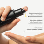 Hand holding withSimplicity Acne Prone Lotion and dispensing product. Also includes text benefits of product: targets acne-prone skin concerns, balances moisture levels without a greasy finish, and helps clear clogged pores and refines skin texture.