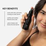 withSimplicity Natural Organic Toner for Acne-Prone Skin. Text on image: rebalances skin's pH levels, creating an acidic barrier, clarifies and targets blemish-prone skin, and calms inflammation and balances oil levels