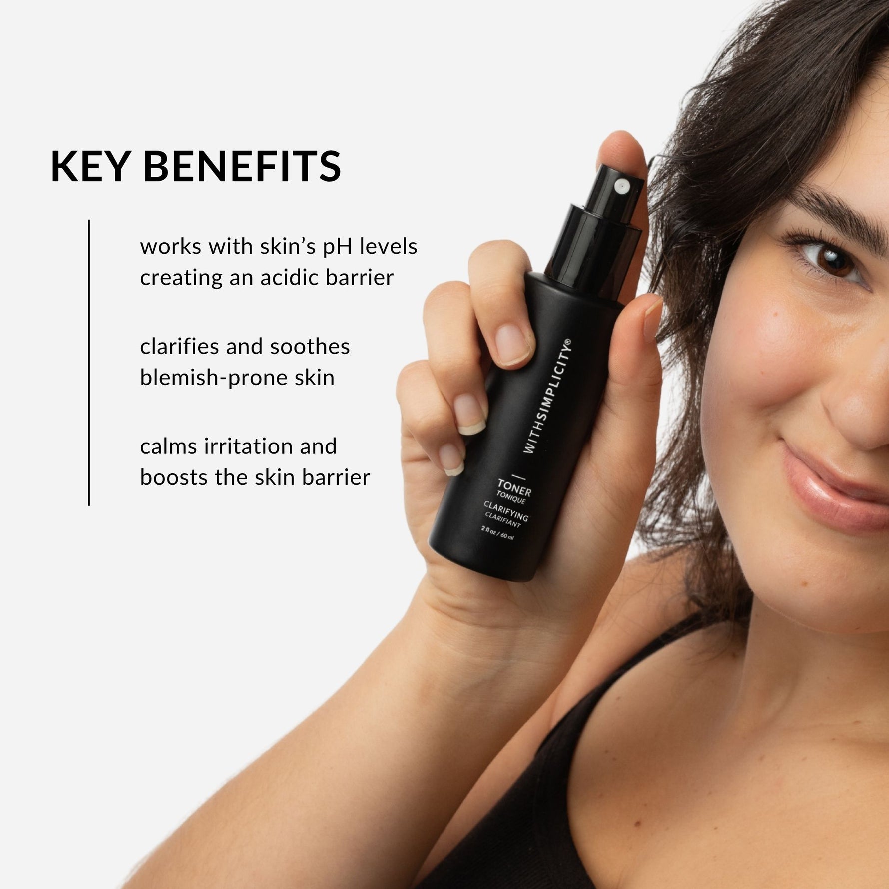 withSimplicity Natural Organic Toner for Acne-Prone Skin. Text on image: rebalances skin's pH levels, creating an acidic barrier, clarifies and targets blemish-prone skin, and calms inflammation and balances oil levels