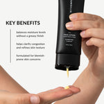 A person holds an open black tube of face lotion over their palm, with some yellow lotion dripping out. Text on the left lists key benefits, and the tube shows the brand withSimplicity 
