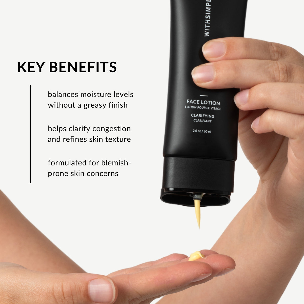 A person holds an open black tube of face lotion over their palm, with some yellow lotion dripping out. Text on the left lists key benefits, and the tube shows the brand withSimplicity 