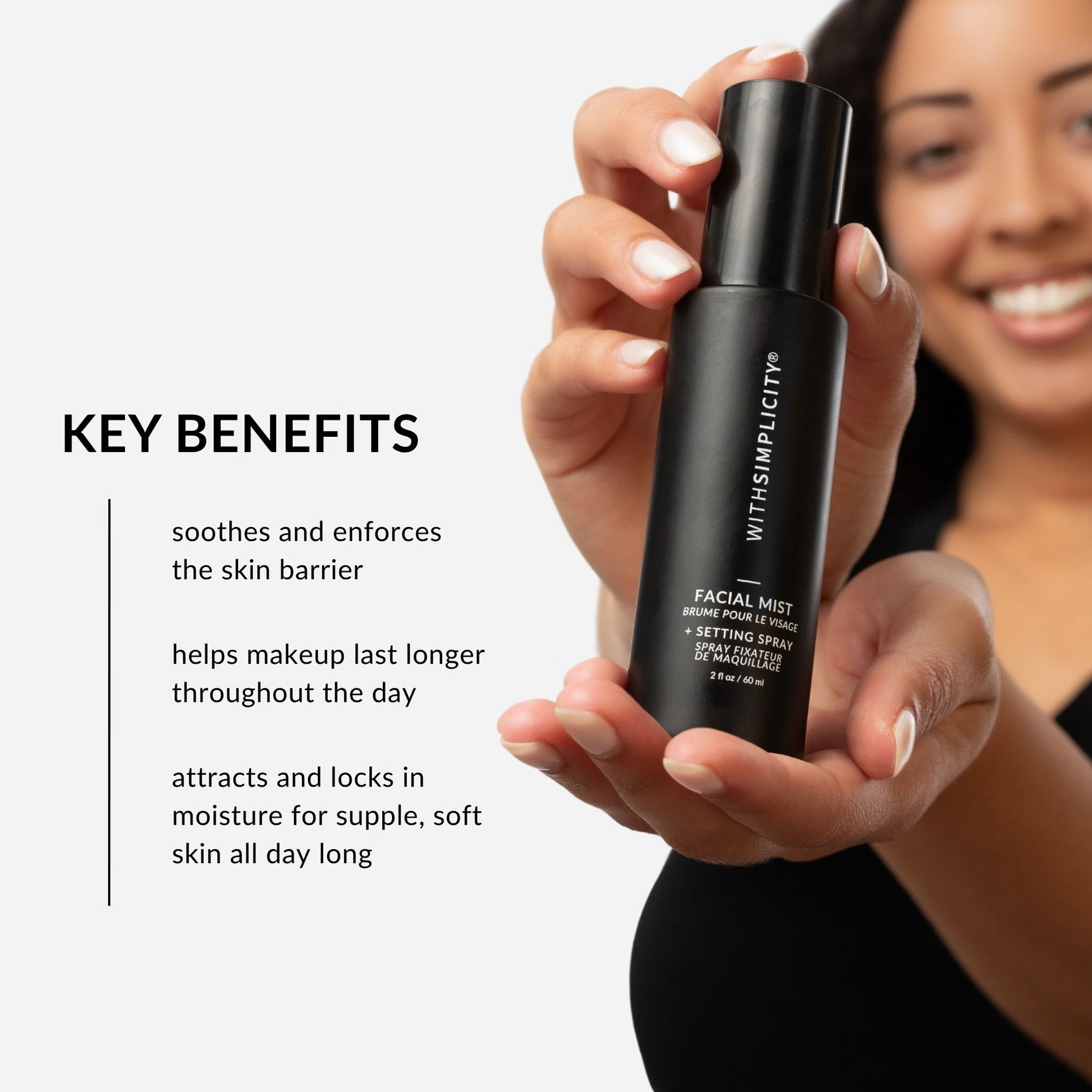 withSimplicity Natural Organic Facial Mist and Natural Makeup Setting Spray. Text on image: soothes irritated skin and enforces the protective barrier, helps makeup last even longer throughout the day, and attracts and locks in moisture for supple, soft skin all day long.