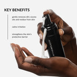 withSimplicity Natural Organic Foaming Face Wash for Normal to combo Skin Model. Text on image: gently removes dirt, excess oils, and residue, calms inflammation, and strengthens the skin's protective barrier