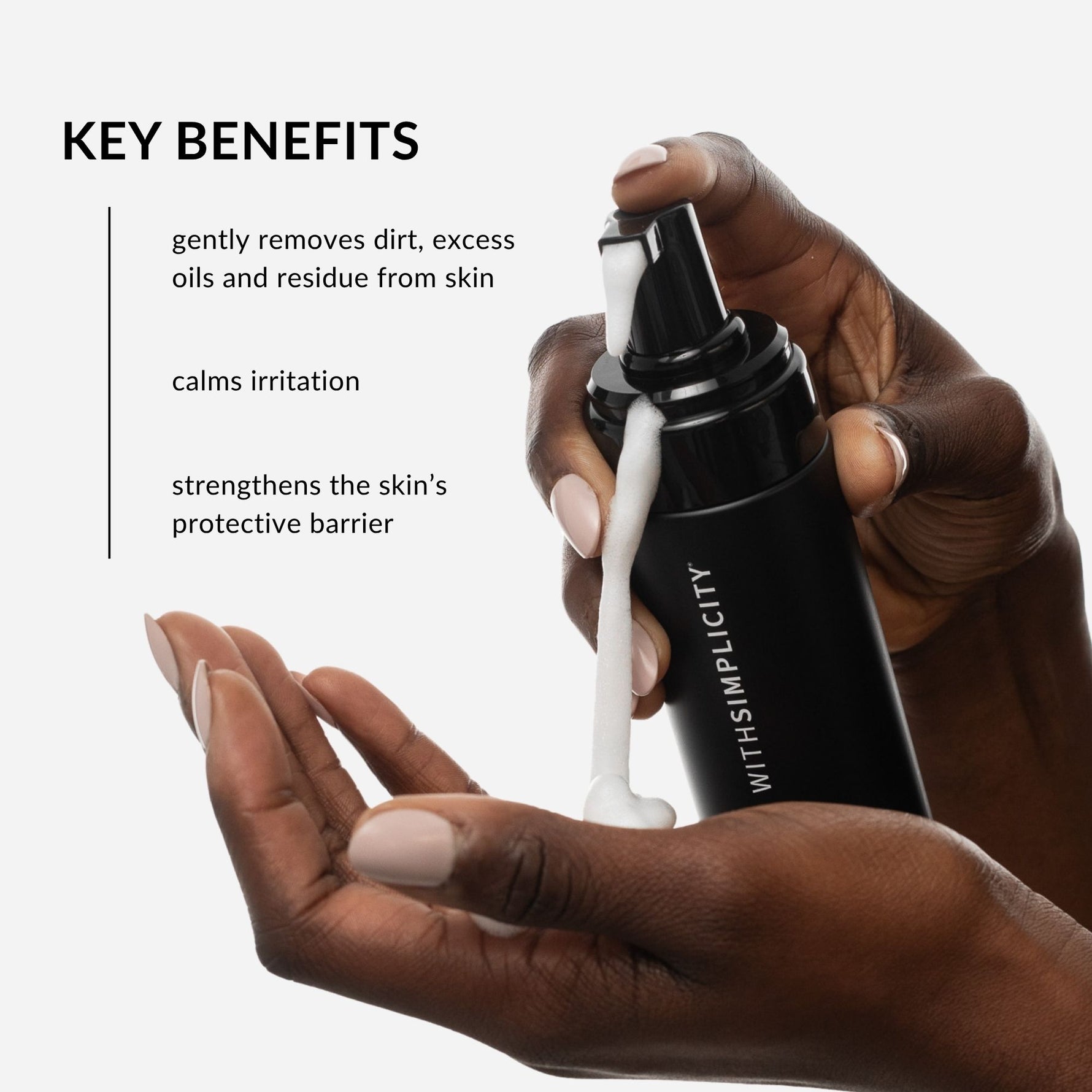 withSimplicity Natural Organic Foaming Face Wash for Normal to combo Skin Model. Text on image: gently removes dirt, excess oils, and residue, calms inflammation, and strengthens the skin's protective barrier