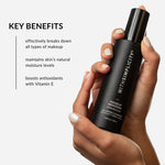 withSimplicity Natural Makeup Remover and oil-based cleanser. Text on image: effectively breaks down all types of makeup, maintains skin's natural moisture levels, and contains sources of Vitamin E to boost skin's antioxidant levels