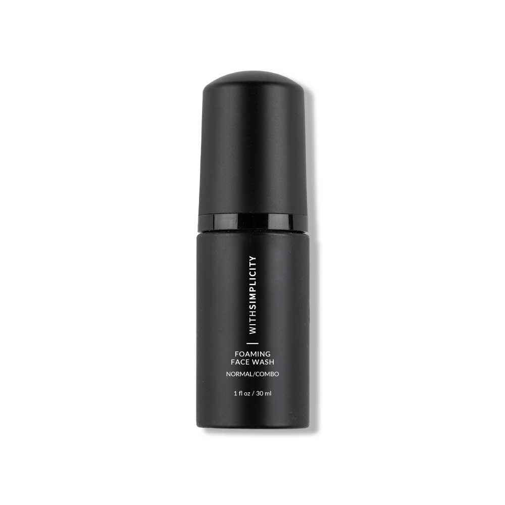 withSimplicity Travel Size Foaming Face Wash Normal Combination bottle on white background