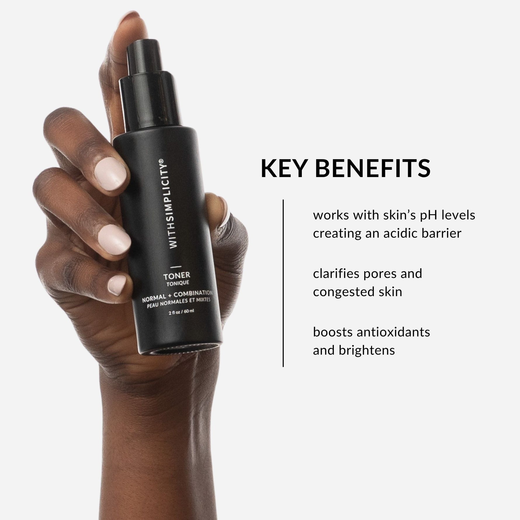 withSimplicity Natural Organic Toner for Normal/Combination Skin. Text on image: rebalances skin's pH levels, creating an acidic barrier, gently clears blocked and clogged pores, and calms inflammation and boosts antioxidants