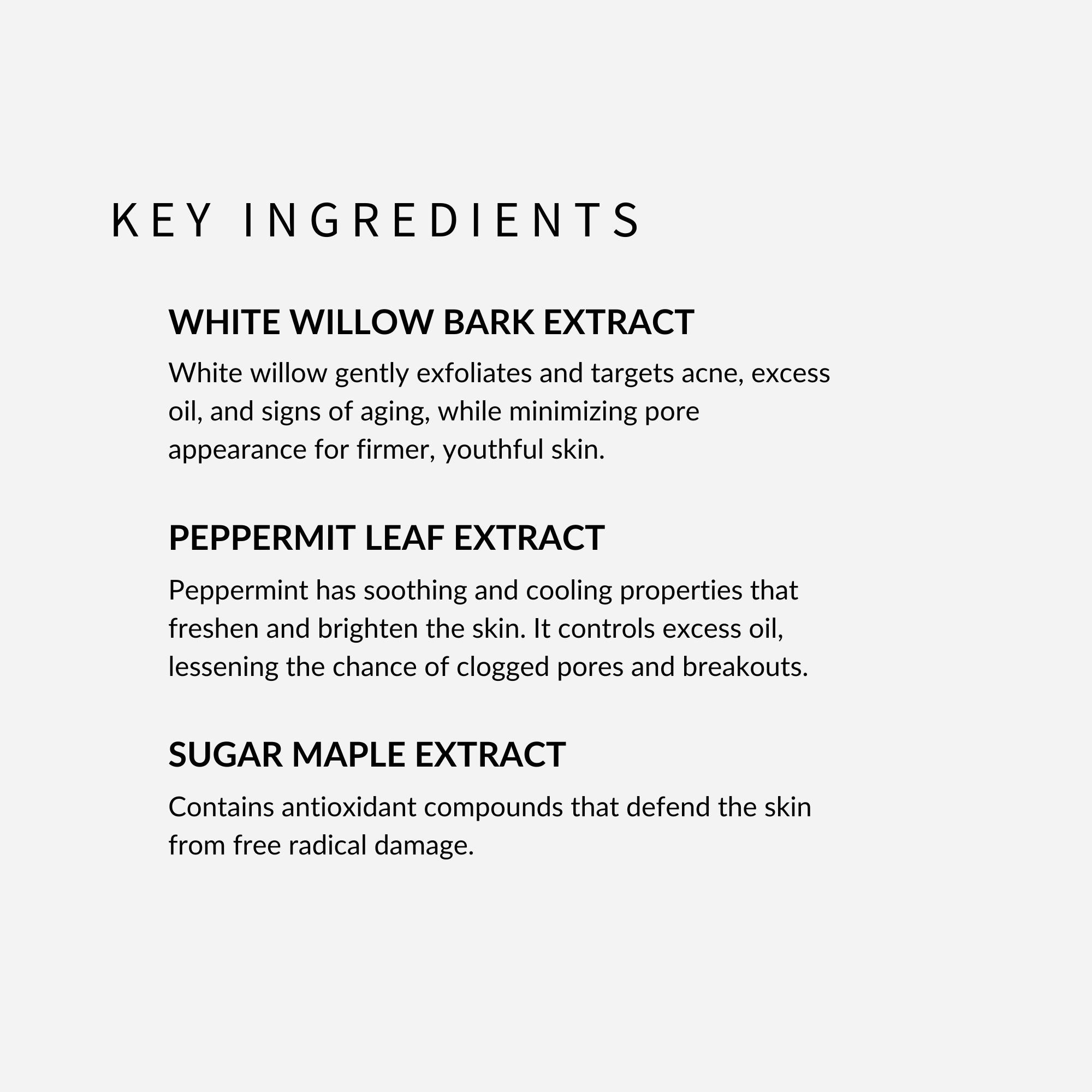 withSimplicity Natural Organic Toner for Normal/Combination Skin. Key ingredients are white willow bark extract, Peppermint Leaf Extract, and Sugar Maple Extract