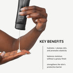 A person squeezes a black tube of withSimplicity face lotion onto their palm, with text on the right listing key benefits.