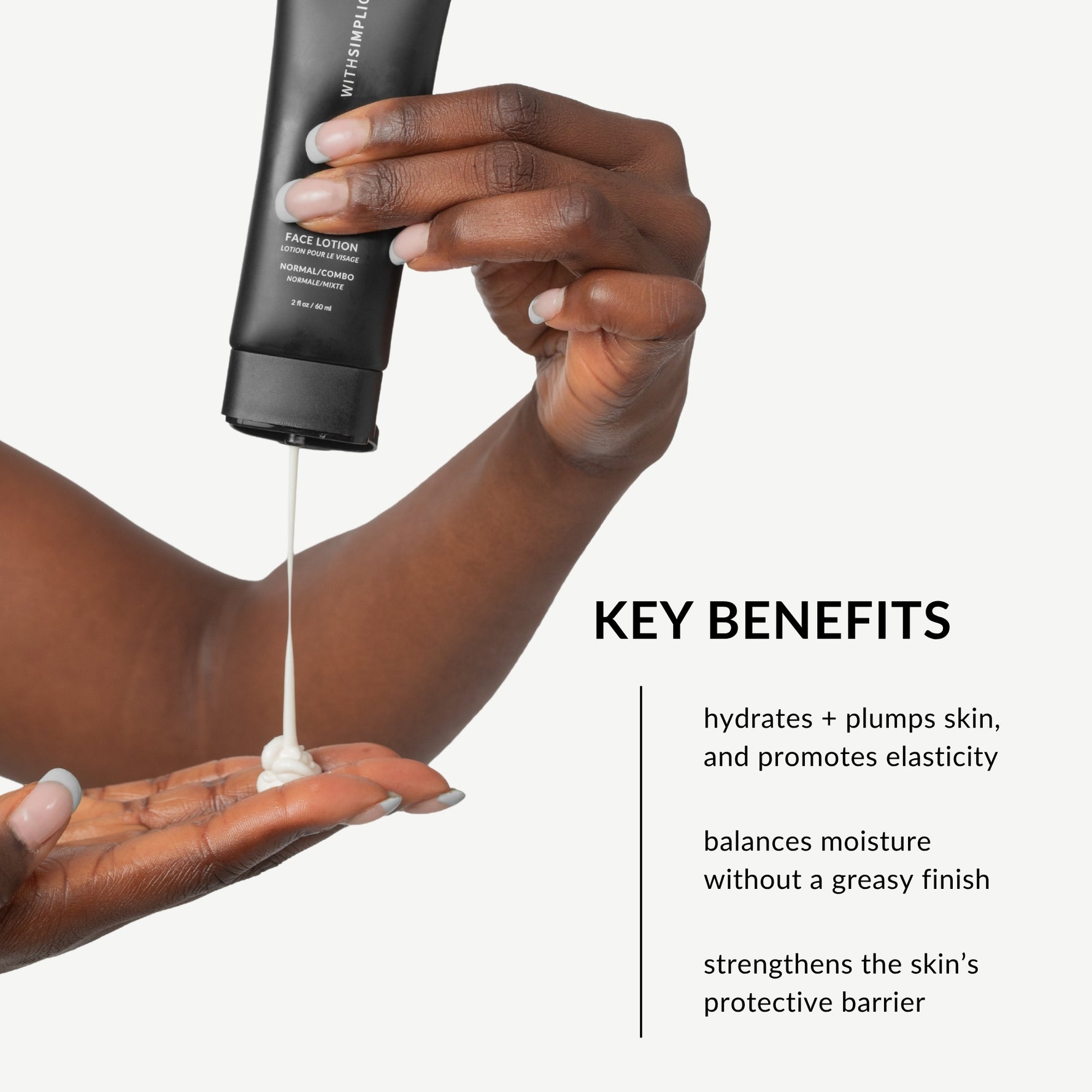 A person squeezes a black tube of withSimplicity face lotion onto their palm, with text on the right listing key benefits.