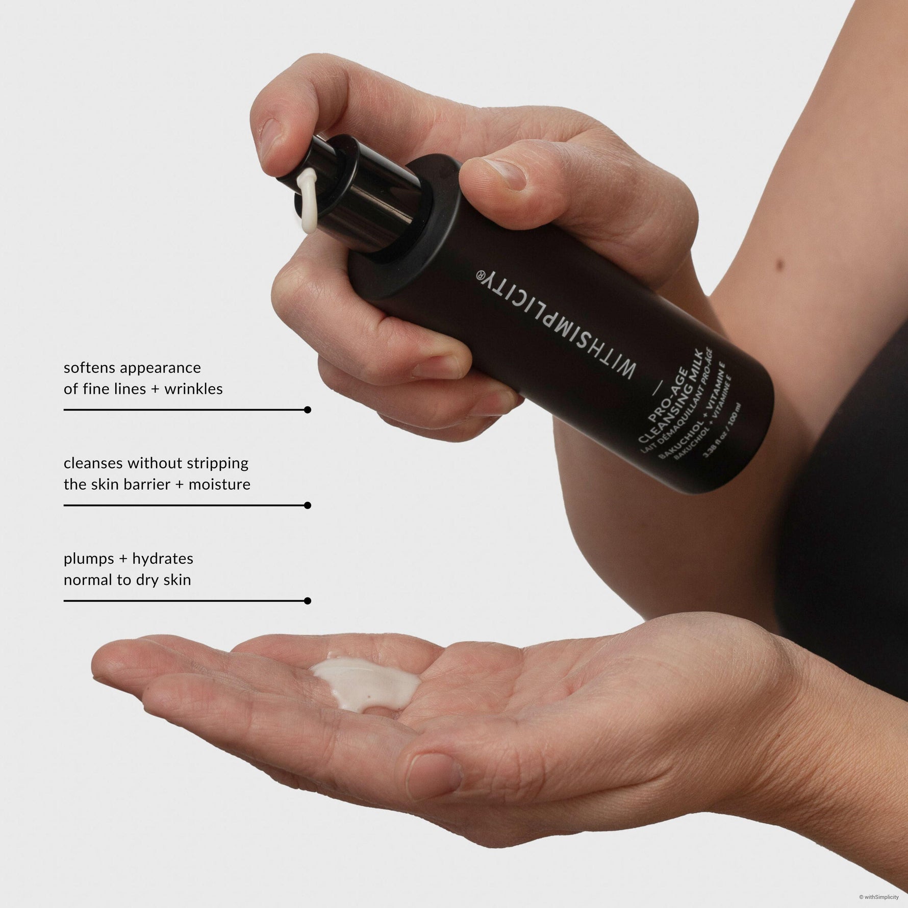 withSimplicity pro-age cleansing milk with bakuchiol softens appearance of fine lines, cleanses and strengthens the skin barrier, and plumps skin