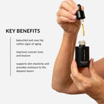 withSimplicity natural serum with bakuchiol for aging skin in hand with dropper dripping product. Text on image: bakuchiol and rose hip support smoother, firmer-looking skin, targets uneven tone, wrinkles, and visible signs of aging, and supports skin elasticity and provides moisture to the deepest skin layers
