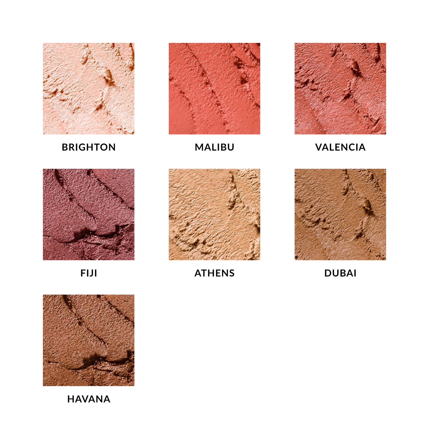 Swatches of different blush colors labeled Brighton, Malibu, Valencia, Fiji, Athens, Dubai, and Havana on a white background.
