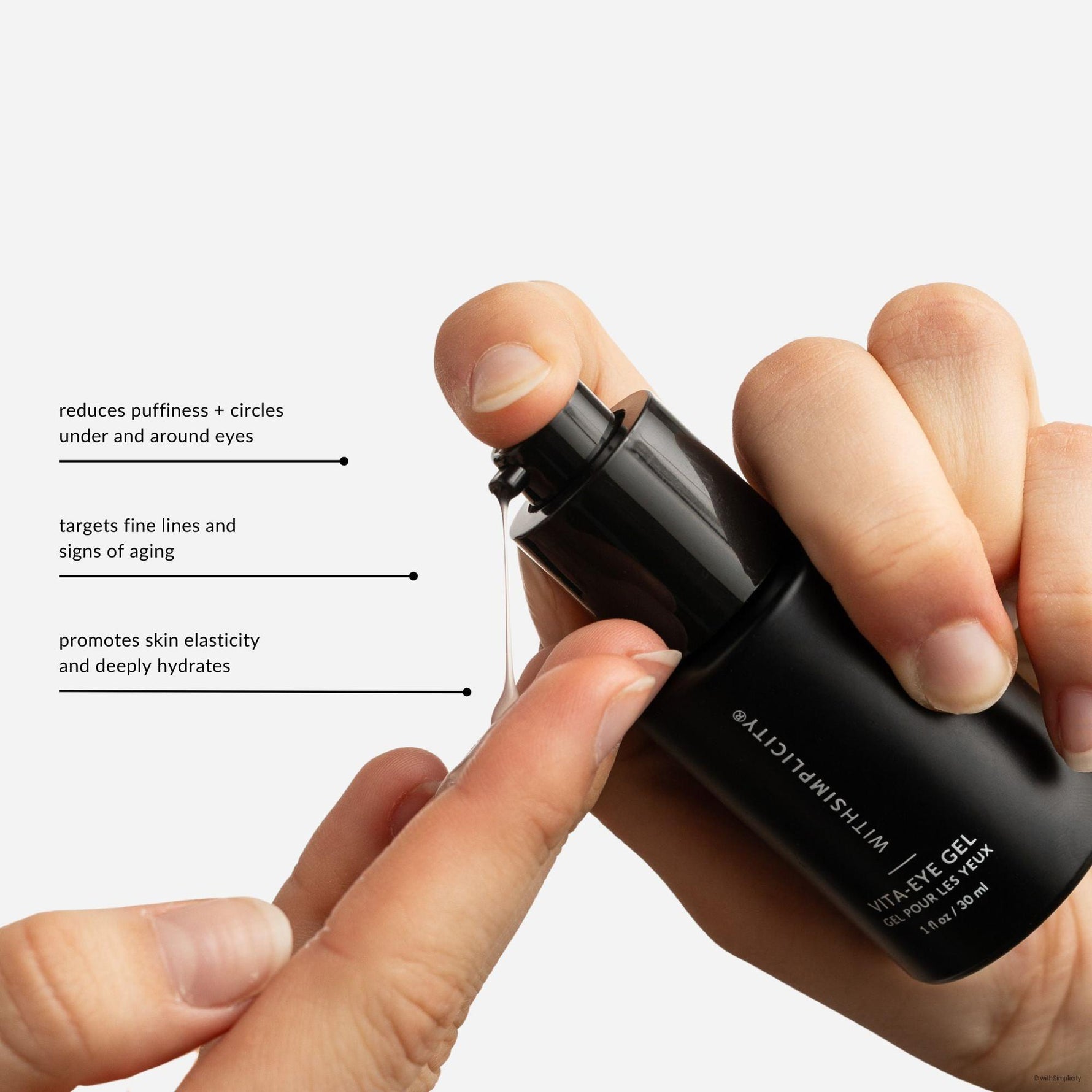 withSimplicity natural vitamin eye gel. benefits include reducing puffiness and circles, targeting fine lines, and promoting skin elasticity