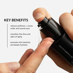 withSimplicity natural vitamin eye gel being pumped onto finger. benefits include reducing puffiness and circles, targeting fine lines, and promoting skin elasticity