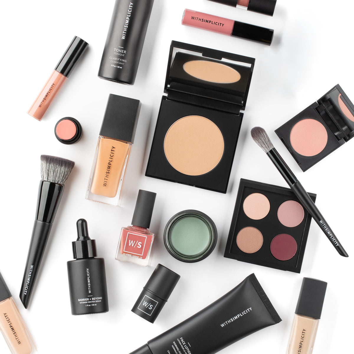 a variety of withsimplicity skincare and makeup products against a white background