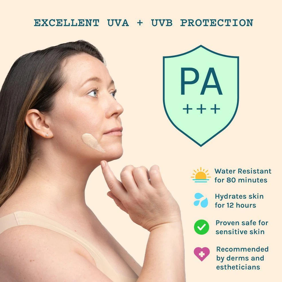 Woman applying sunscreen with PA rating and protection features displayed