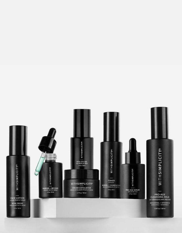 Collection of black skincare products with 'WITHSIMPLICITY' branding on a white background