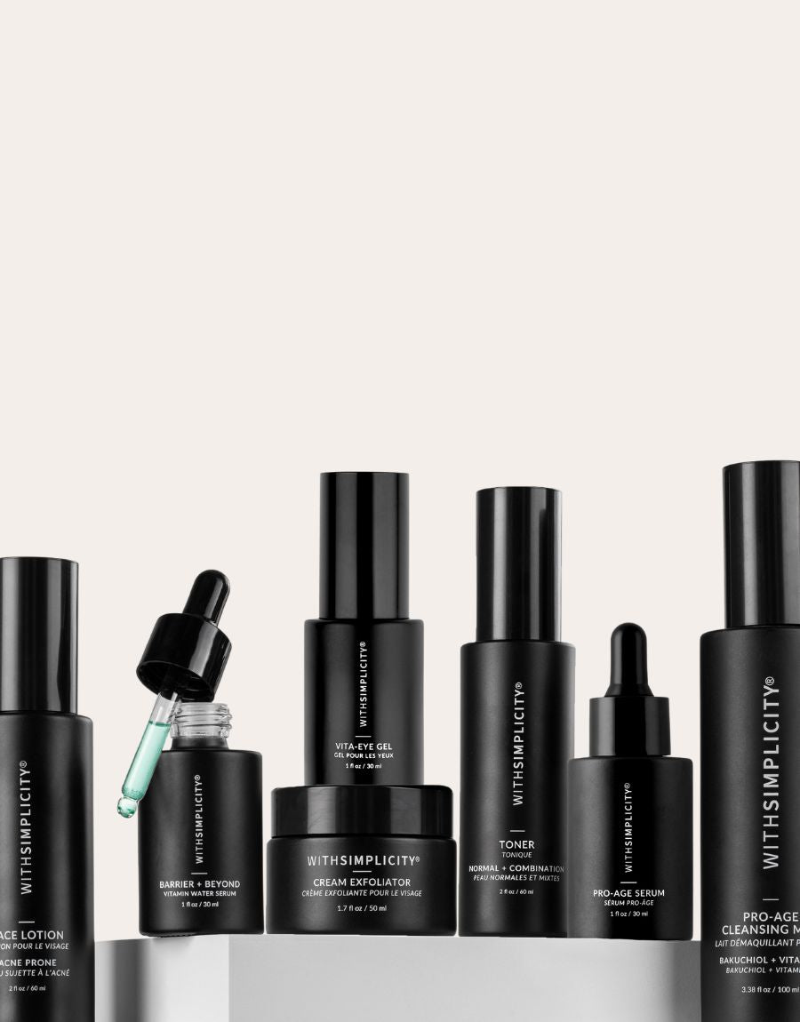 Collection of black skincare products with 'WITHSIMPLICITY' branding on a white background