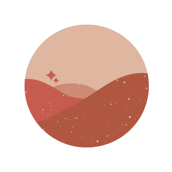 A minimalist circular graphic featuring abstract wavy landforms in terracotta red and warm beige with small white speckles, set against a solid black background.