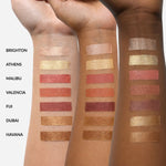 withSimplicity Tri-Stick swatches on three arm tones light, medium, and dark. Order of colors top to bottom is Brighton, Athens, Malibu, Valencia, Fiji, Dubai, Havana.