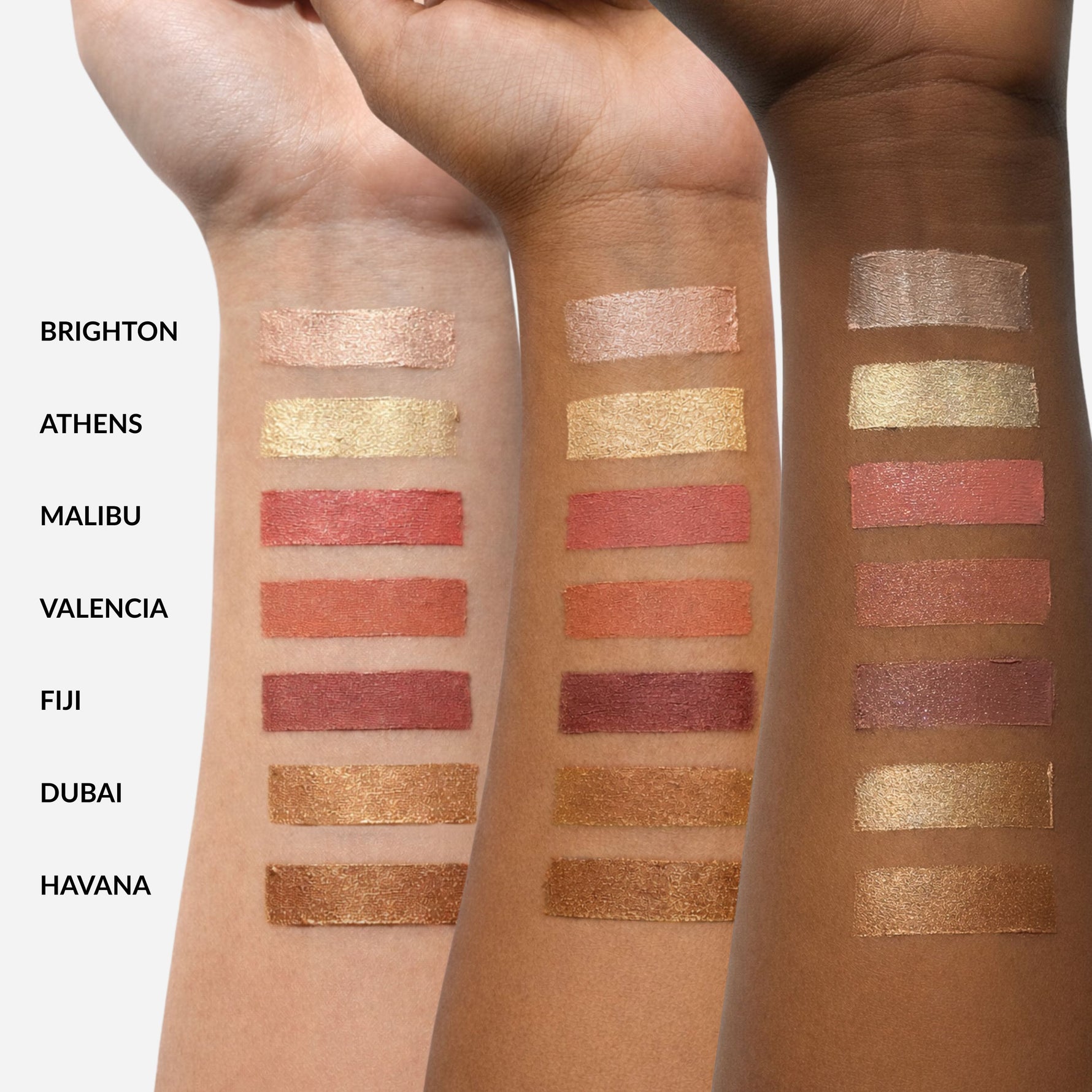 withSimplicity Tri-Stick swatches on three arm tones light, medium, and dark. Order of colors top to bottom is Brighton, Athens, Malibu, Valencia, Fiji, Dubai, Havana.