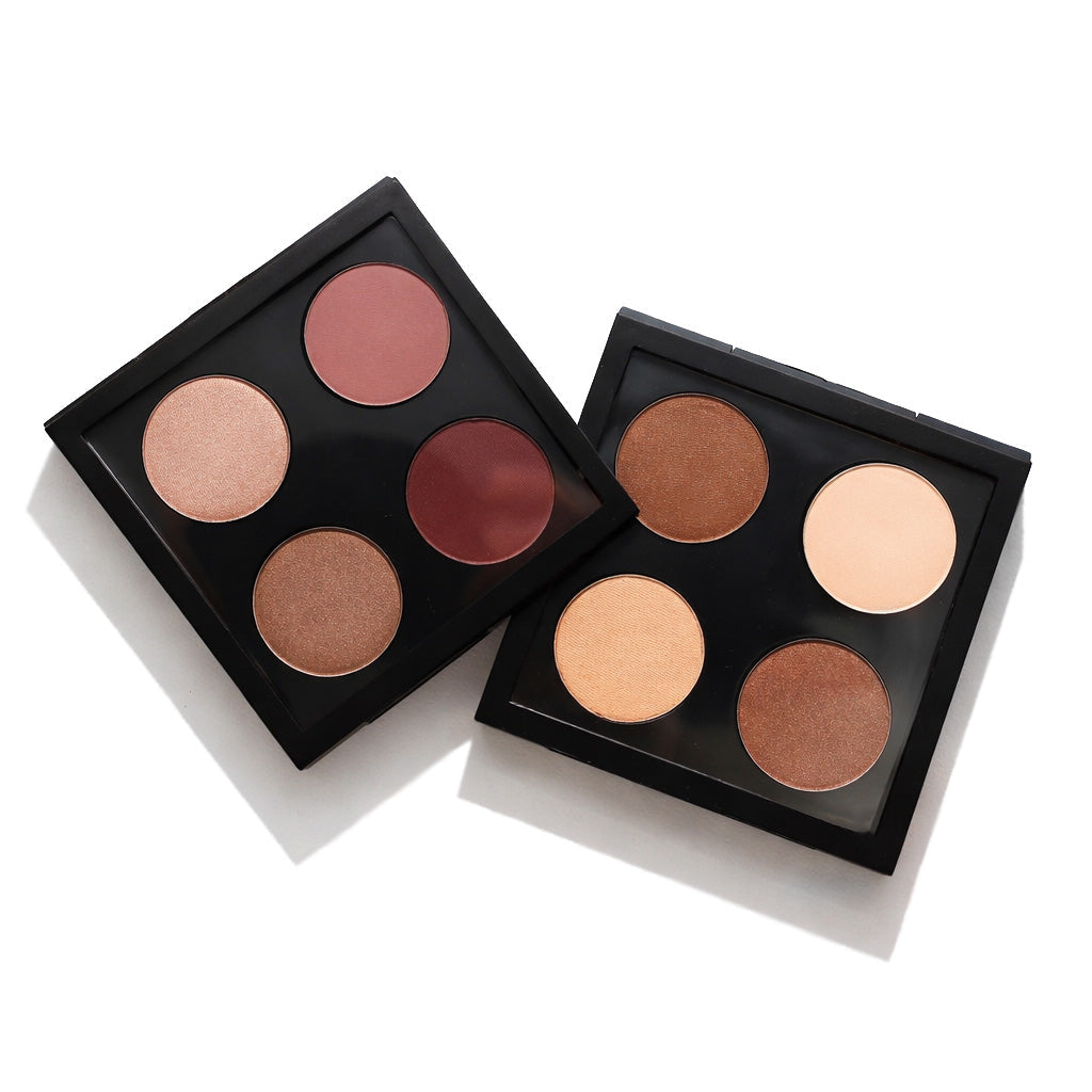 two Makeup palettes with four eyeshadow colors each on a white background