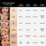 Color swatch chart for foundation and concealer shades with faces showing color matches.