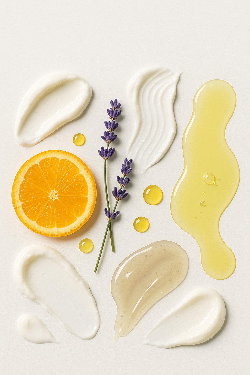 Skincare product swipes like lotions and creams with an orange slice, lavender sprig, and yellow oil on a light background