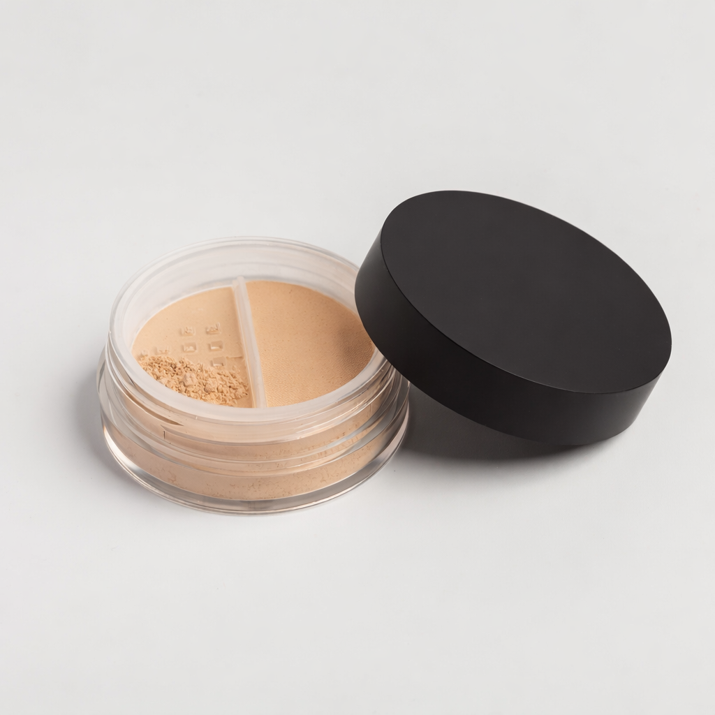 Open jar of loose powder with a black lid on a light gray background