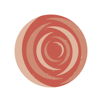 A circular graphic with concentric spiral bands in terracotta red, rust, peach, and beige, resembling a stylized abstract logo or emblem on a white background.