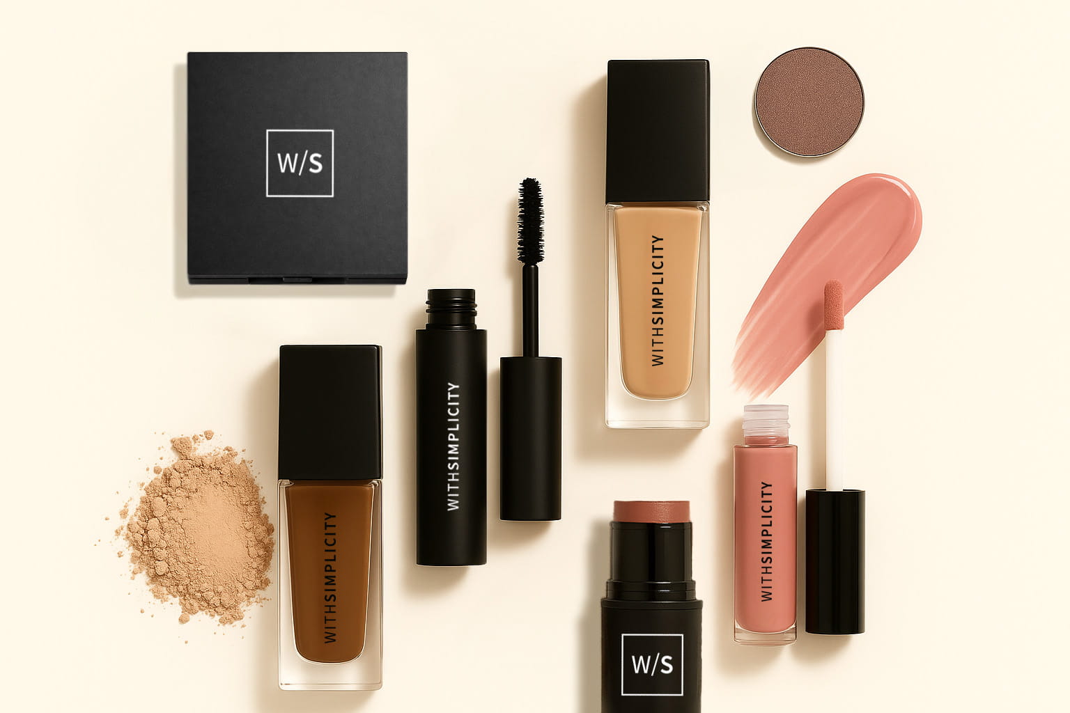 Makeup products with 'W/S' branding on a light background