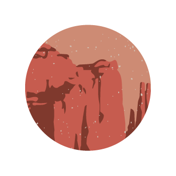 A circular graphic illustration of a desert canyon landscape in terracotta, rust, and dark brown tones with small white speckles, centered on a light gray background.