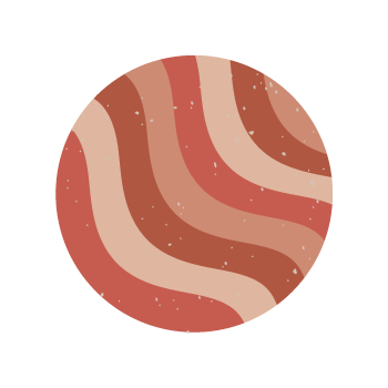 A circular graphic with wavy horizontal stripes in terracotta red, warm brown, tan, and cream, accented with small white speckles, shown on a solid black background.