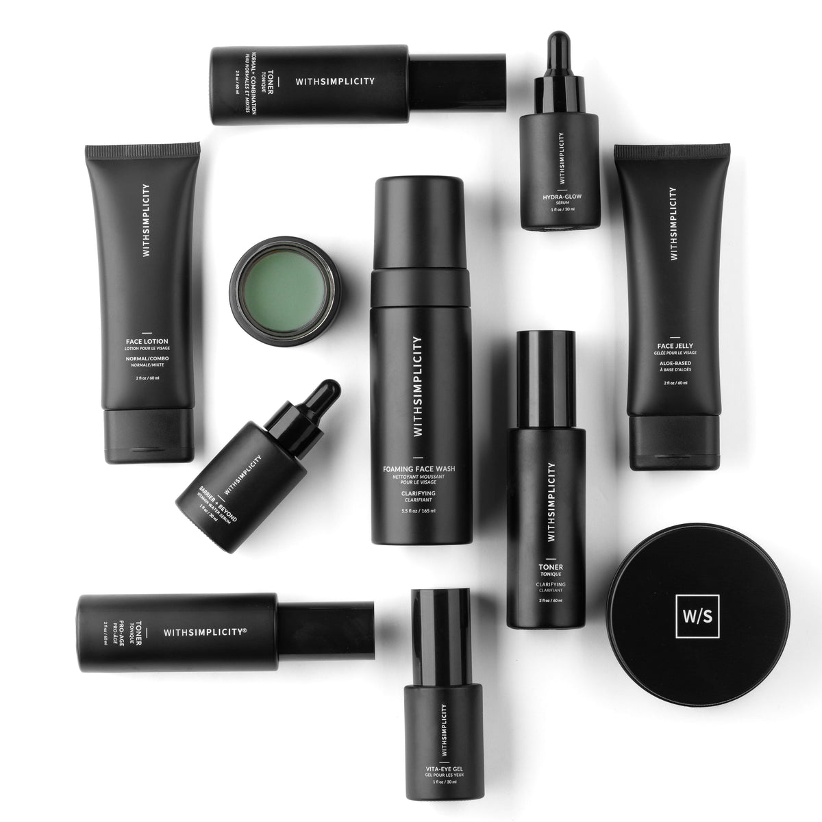 withSimplicity black bottle skincare products against white background
