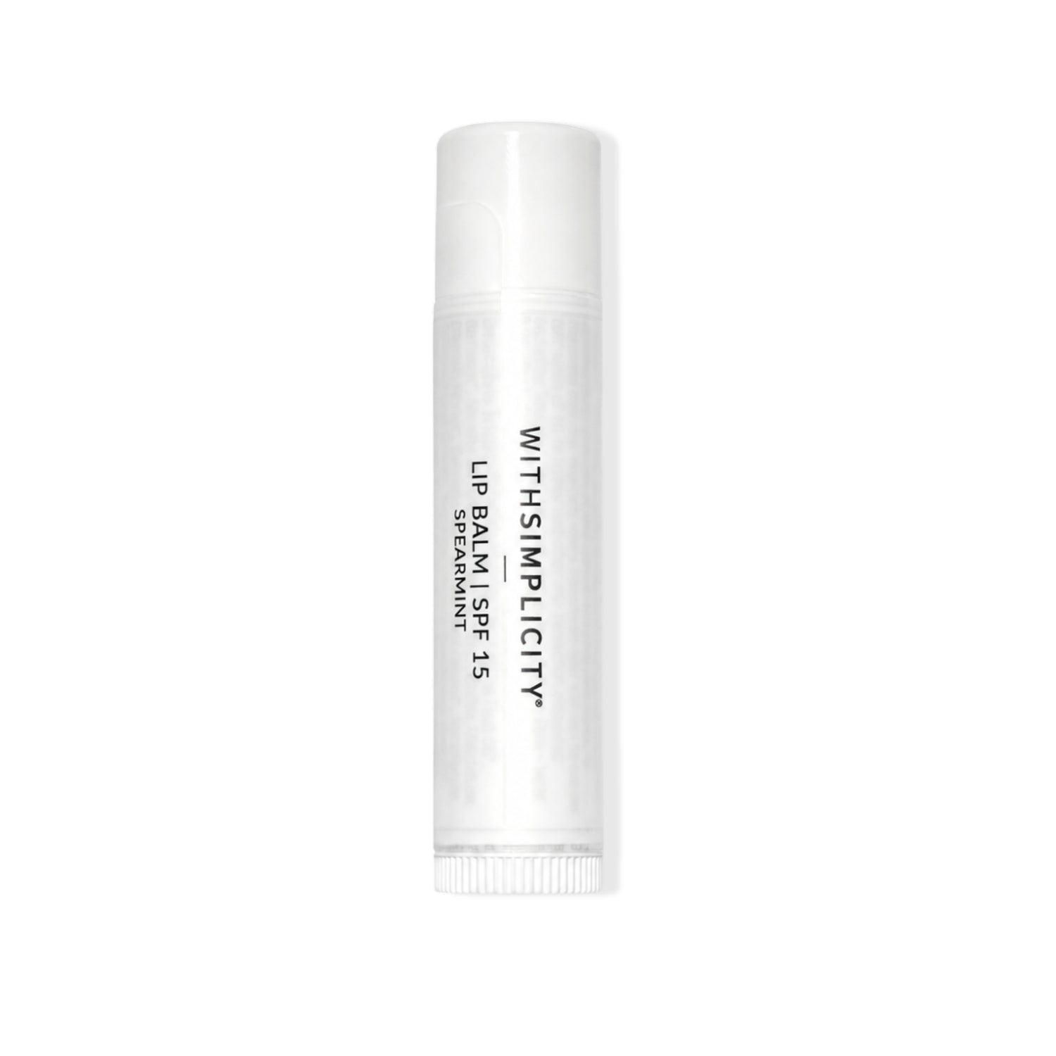 A single tube of withSimplicity SPF 15 lip balm with a white cap on a white background.