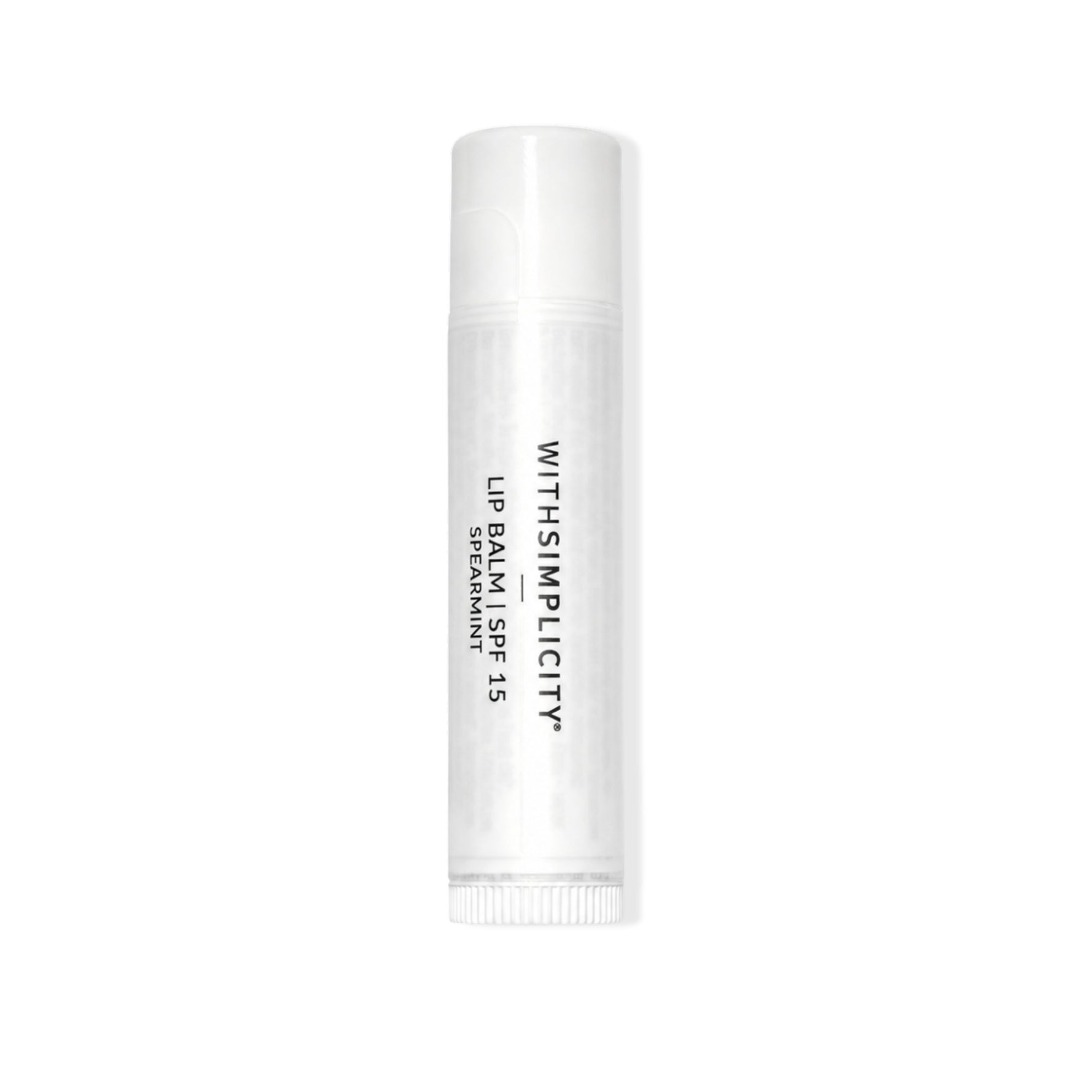 A single tube of withSimplicity SPF 15 lip balm with a white cap on a white background.