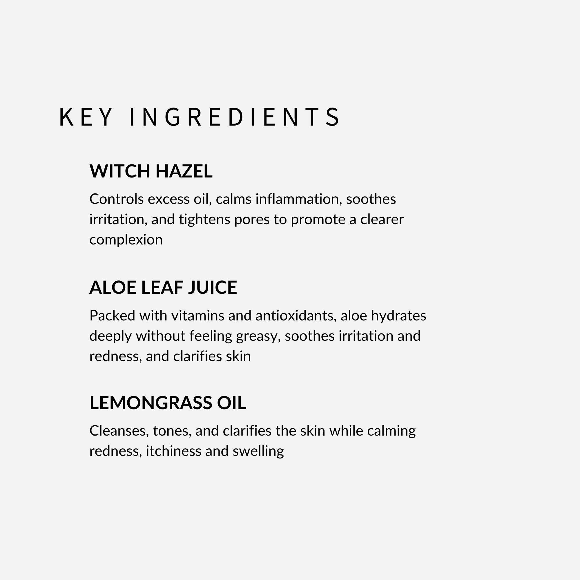 withSimplicity Natural Organic Toner for Acne-Prone Skin. Key ingredients include witch hazel, aloe leaf juice, and lemongrass oil