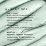 Text detailing key ingredients of a skincare product with a close-up of blue skin texture. Key ingredients are Glycolic Acid, Jojoba Beads, and Violet Oil.